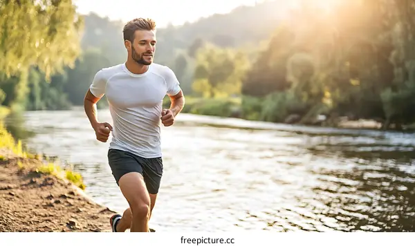 Man Running Along Riverbank In The Summer