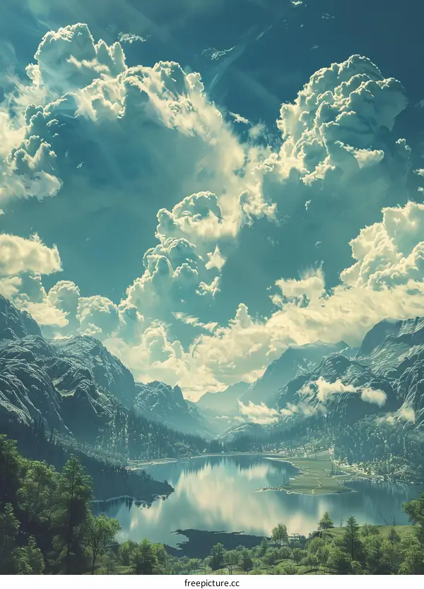 Fantasy landscape with mountains, lake and clouds