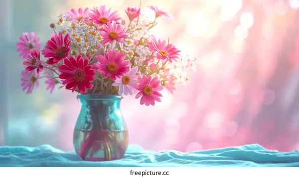 Bouquet of Pink and White Flowers in Blue Vase on Pink Backdrop