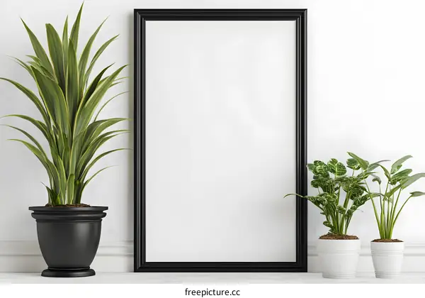 Black Frame Mockup with Plants on White Wall