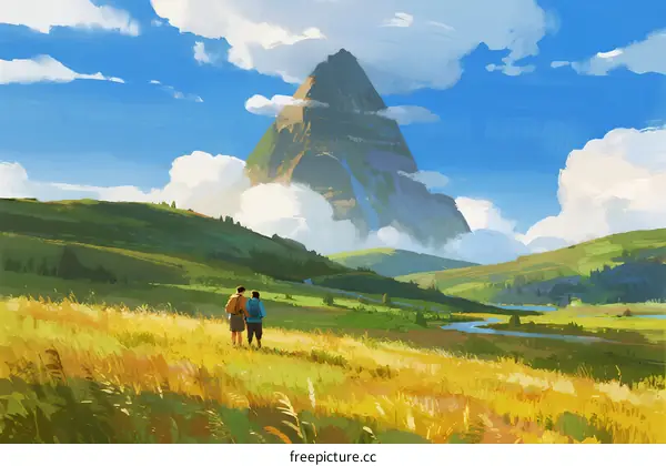 Two People Walking Through a Lush Green Field with a Majestic Mountain in the Distance