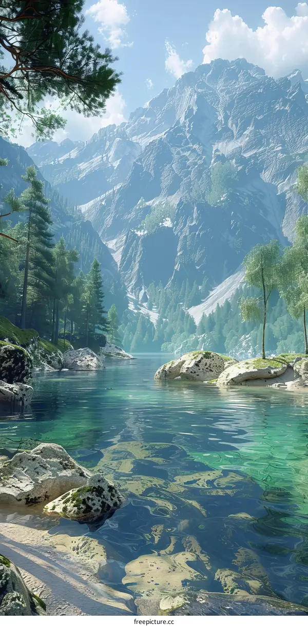 Mountains, Lake, and Trees