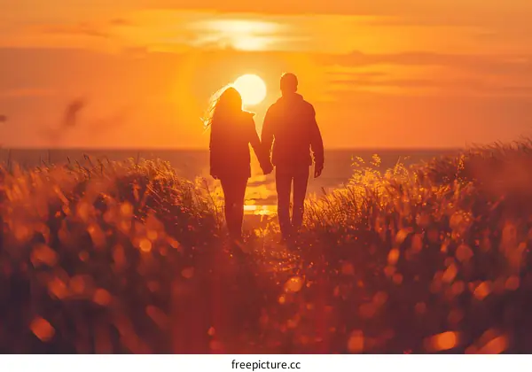 Romantic Couple Walking on Beach at Sunset