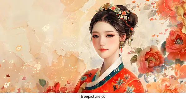 A beautiful illustration of a young woman in a traditional Chinese dress with a floral background