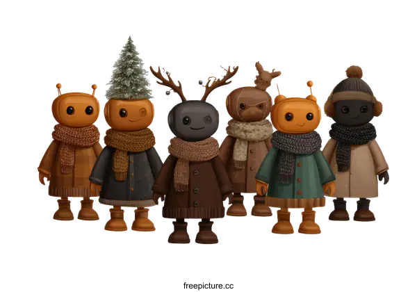 [Transparent Background PNG]Cute Cartoon Robots in Warm Winter Outfits