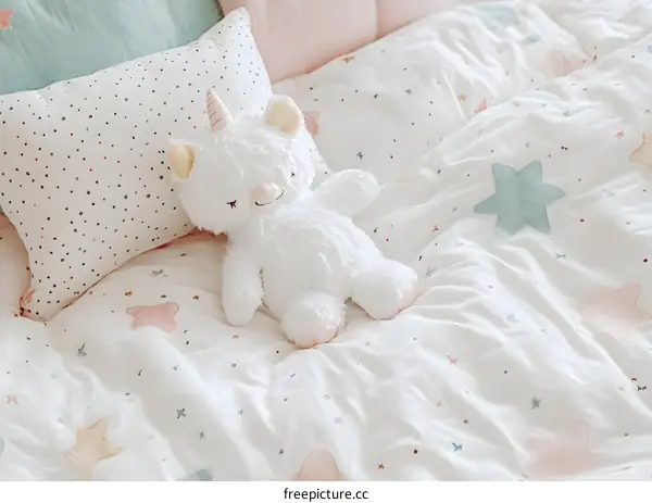 White Unicorn Stuffed Animal on Starry Bedding