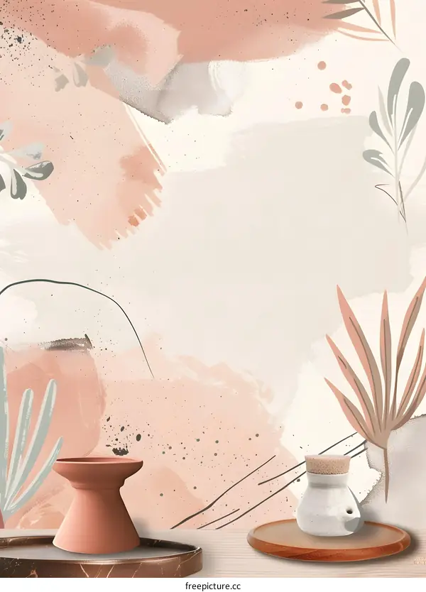 Abstract Watercolor Background with Leaves and Potted Plants