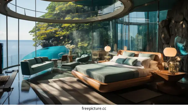 Futuristic bedroom with amazing sea view