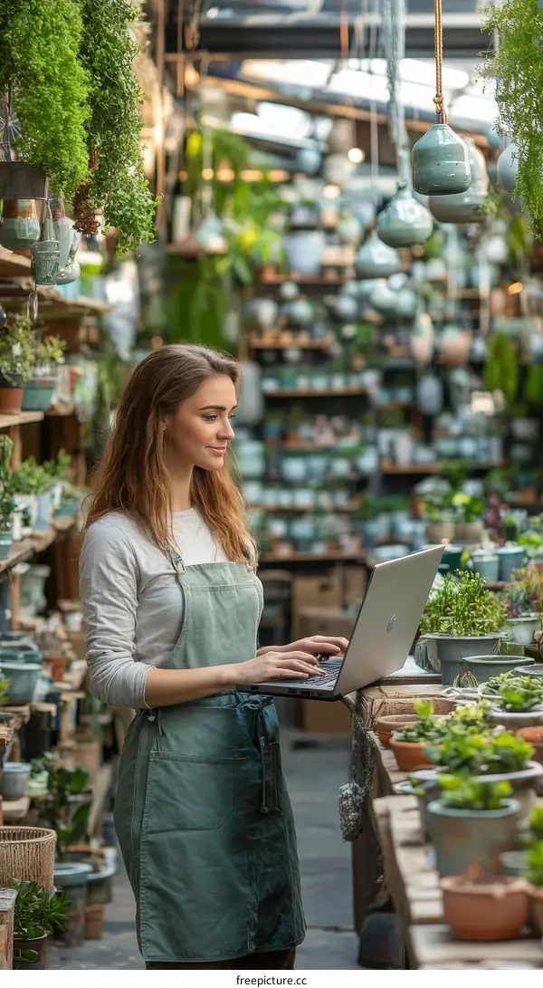 Woman Working at a Plant Shop with a Laptop