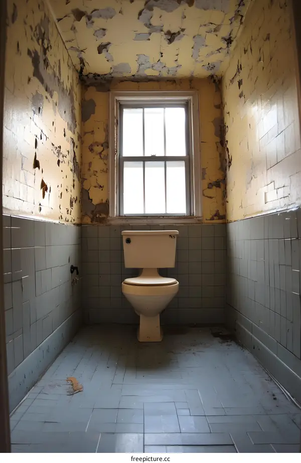 Old and Abandoned Bathroom with Toilet and Peeling Paint