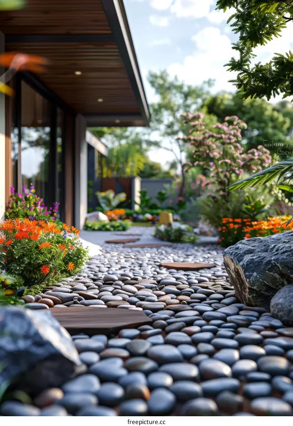 Modern Home with Pebble Garden and Stone Path
