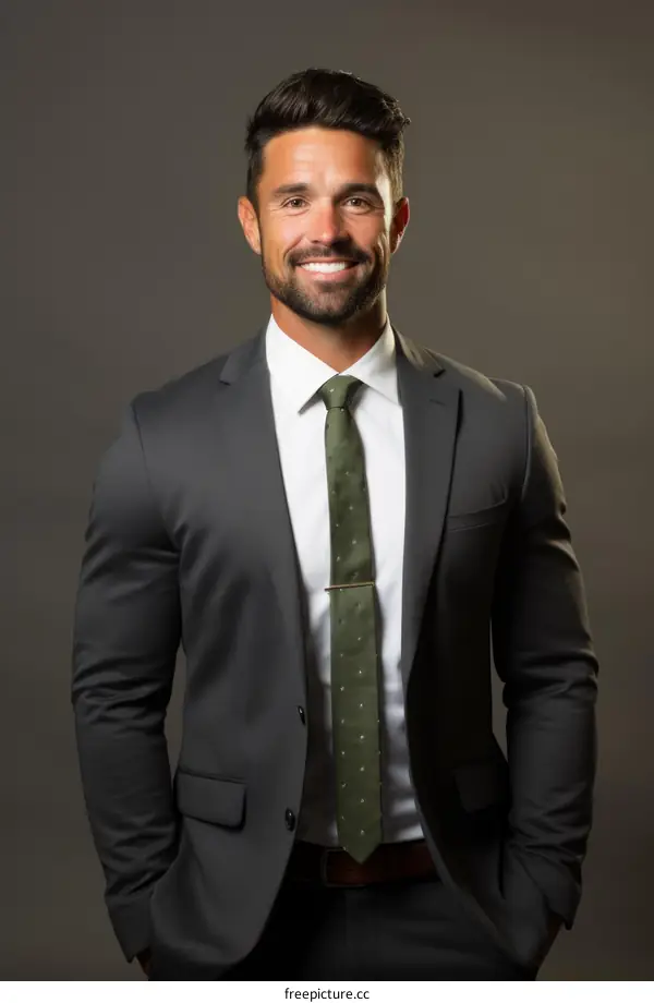 A headshot of a young professional man in a suit and tie
