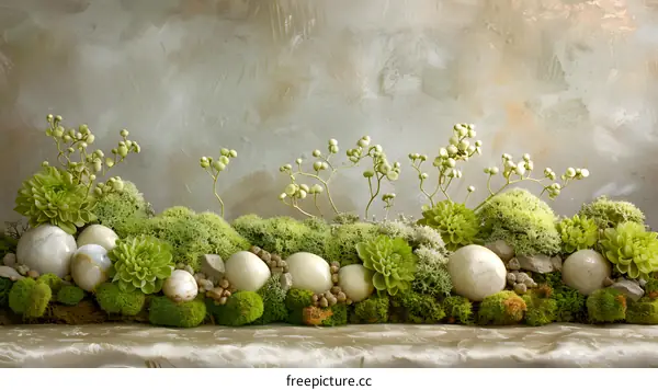 Green Moss and Succulents Arrangement with Stone Balls