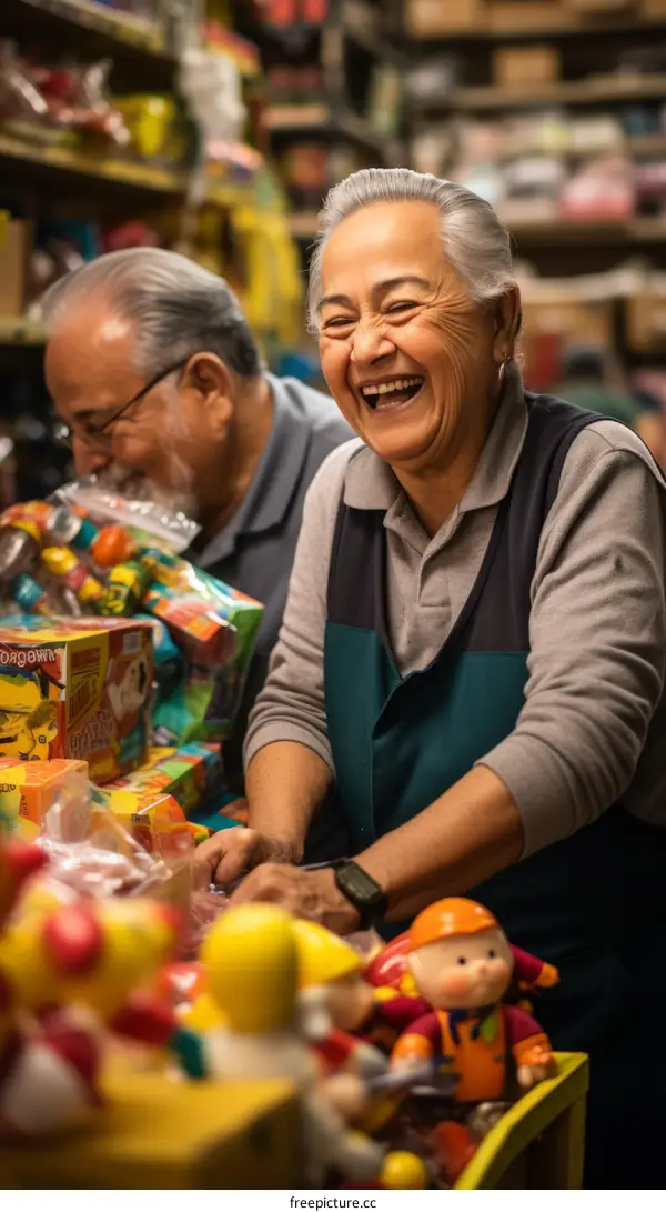 Portrait of a smiling elderly woman working in a toy store