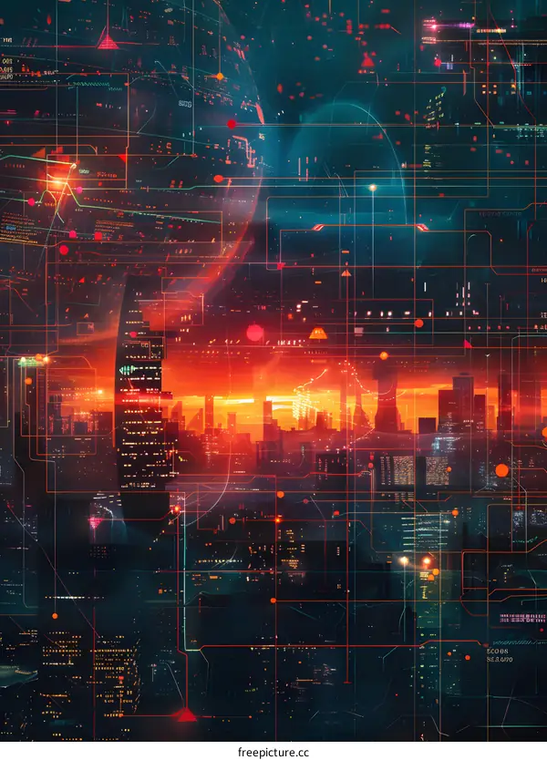 A futuristic city with a glowing orange sky and a circuit board pattern in the foreground
