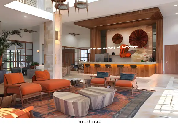 Modern Lobby Interior Design with Orange Armchairs and Wooden Coffee Tables