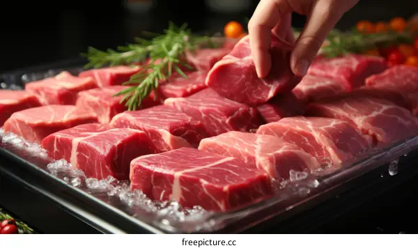 Raw meat on ice with rosemary