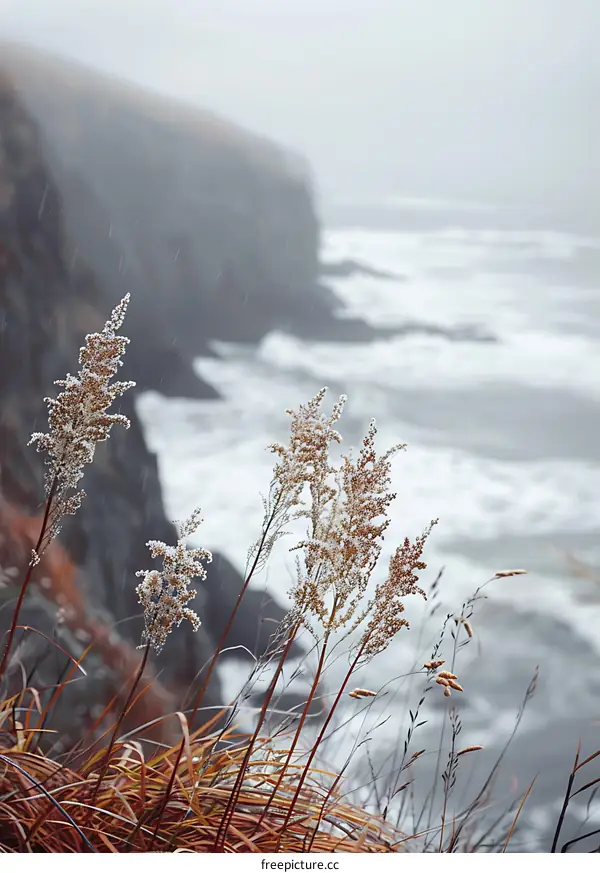 Grasses Swaying In The Wind On A Misty Coastline