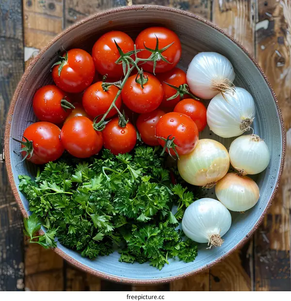 A bowl of tomatoes, onions, and parsley