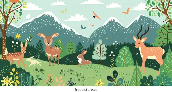 Cute Deer in the Mountains Illustration
