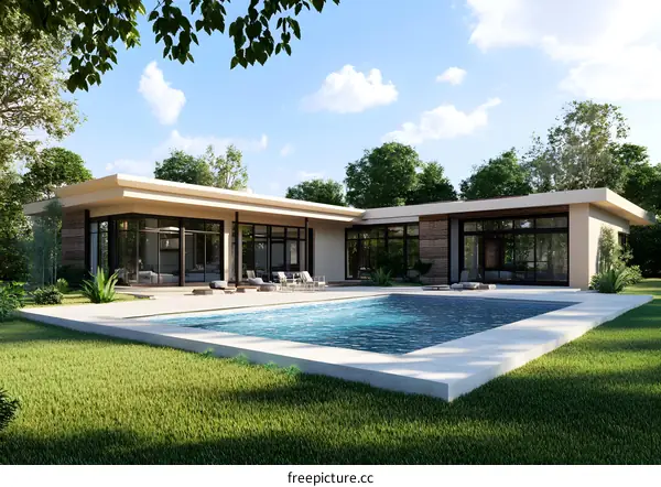 Modern House with Swimming Pool and Green Lawn