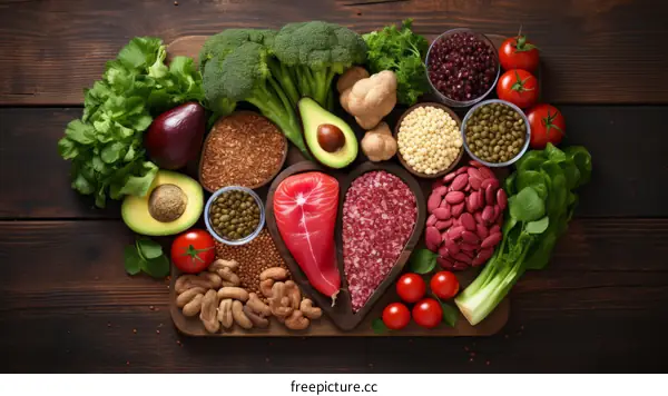 A variety of healthy food on a wooden table including vegetables, fruit, grains, and fish