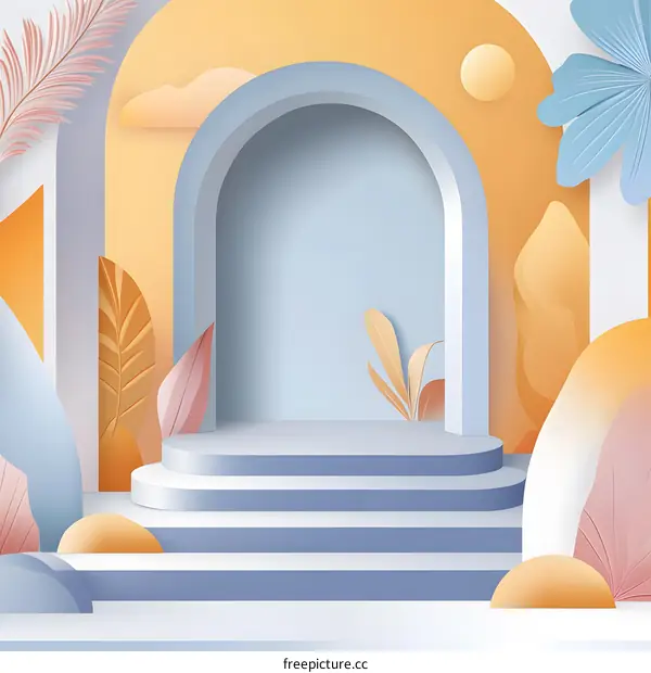 Abstract 3D Rendering of a Blue and Orange Scene with Leaves and a Podium