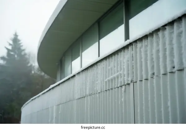Snow Covered Modern Building Exterior on a Misty Day