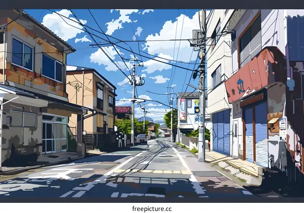 Illustration of Japanese Street with Buildings and Blue Sky