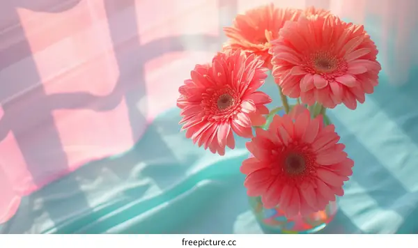 Still life of pink gerbera daisies in a glass vase by the window
