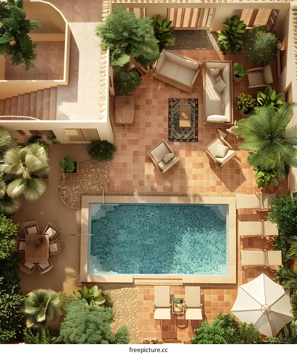 Aerial View of a Tropical Courtyard with a Pool