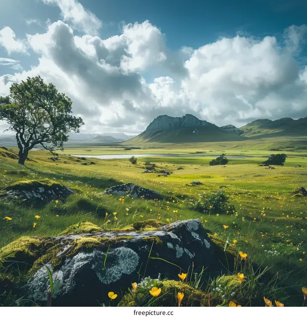 Green rolling hills under a cloudy sky