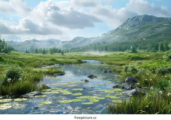 Alpine Meadow with River and Mountains
