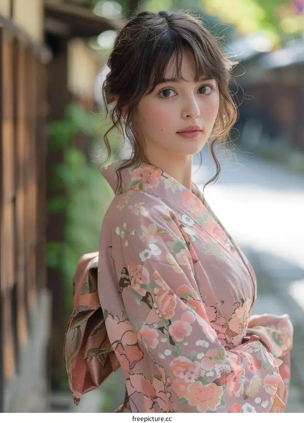 Japanese Woman Wearing Pink Kimono with Floral Pattern in Traditional Japanese Garden