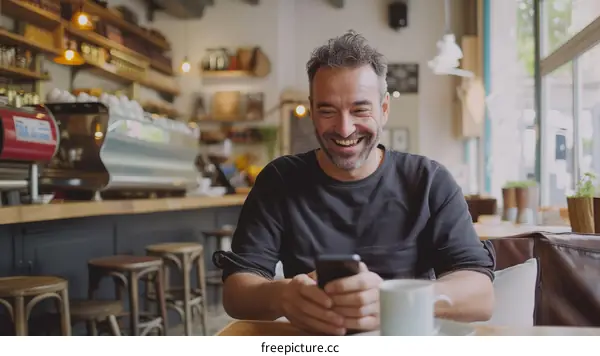 Man smiling while looking at his phone in a cafe
