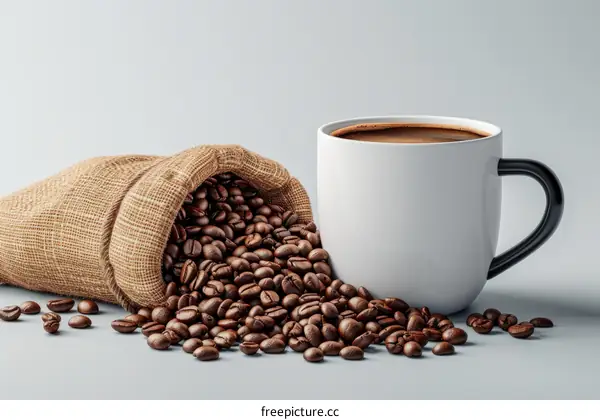 Coffee beans spilling from a burlap sack with a coffee cup