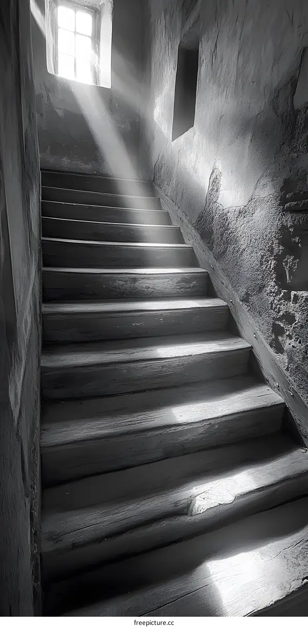 Sunlight Streaming Through Window On Old Wooden Stairs