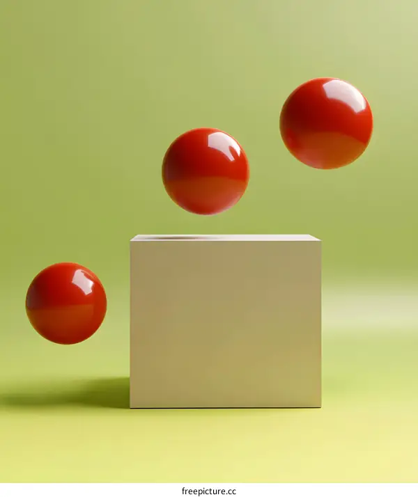 Three Red Spheres Floating Above a White Cube on a Green Background