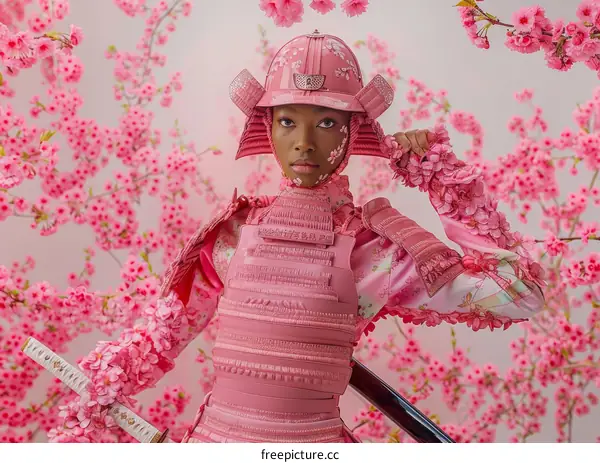 Young African Girl in Pink Samurai Armor Holding A Sword and Standing in Front of a Pink Cherry Blossom Tree