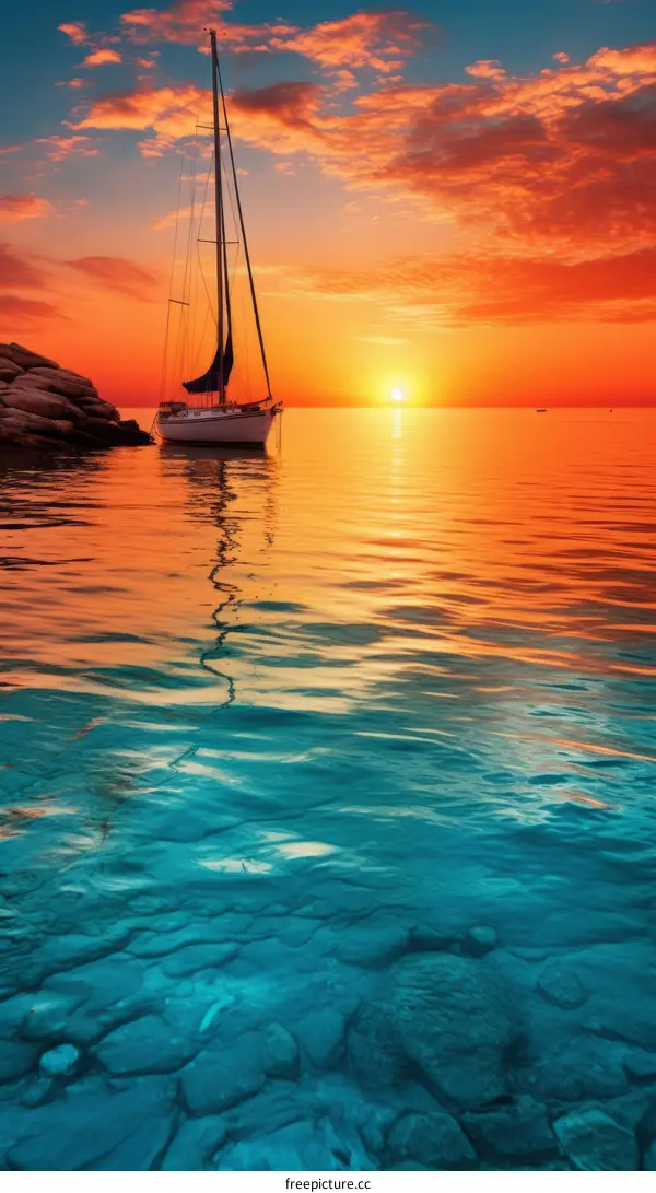 sailing boat on calm sea at sunset