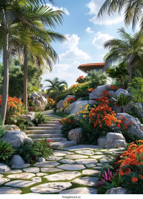 Stone Steps Lead Through Lush Tropical Garden to Hidden House