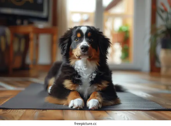 A cute dog lying on a yoga mat