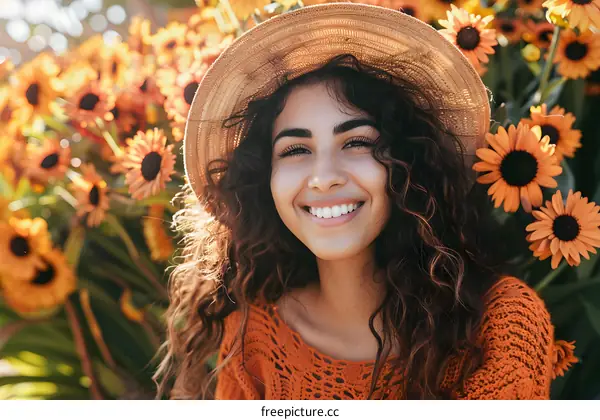 Smiling Woman in a Sunflower Field Wearing a Straw Hat