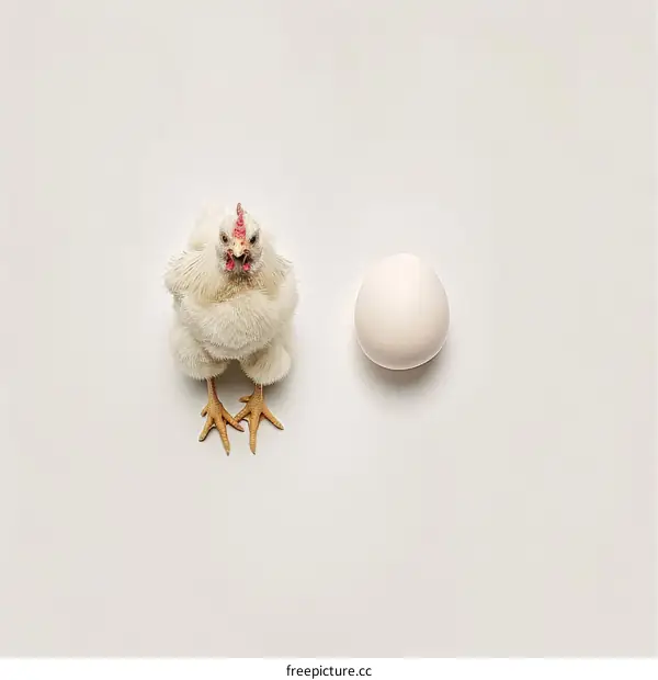 a fluffy white chicken stands next to a white egg