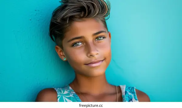 Portrait of a young boy with short brown hair and green eyes