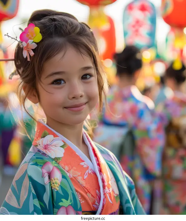 A young girl wearing a kimono smiles at the camera during a festival.