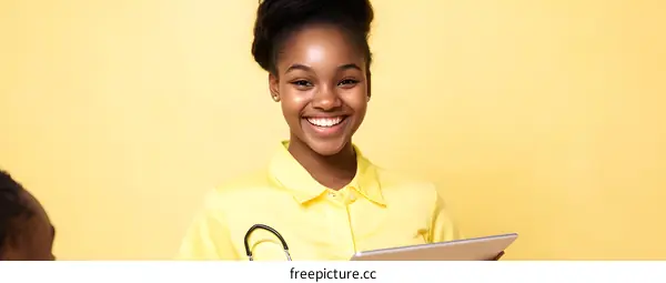 Smiling African American Female Doctor Holding Tablet