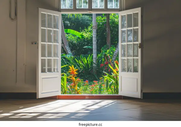 Open white doors to a lush tropical garden