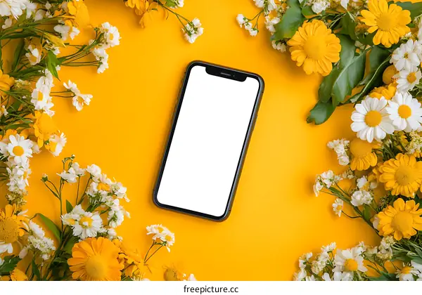 Flatlay Photography Of White And Yellow Flowers Surrounding A Smartphone