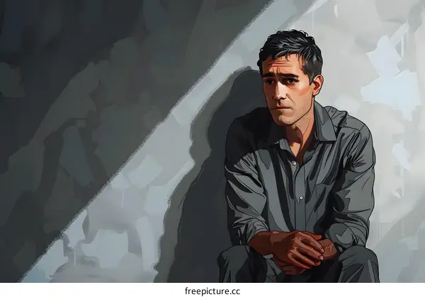 A man is sitting in a dark room with a spotlight on him.